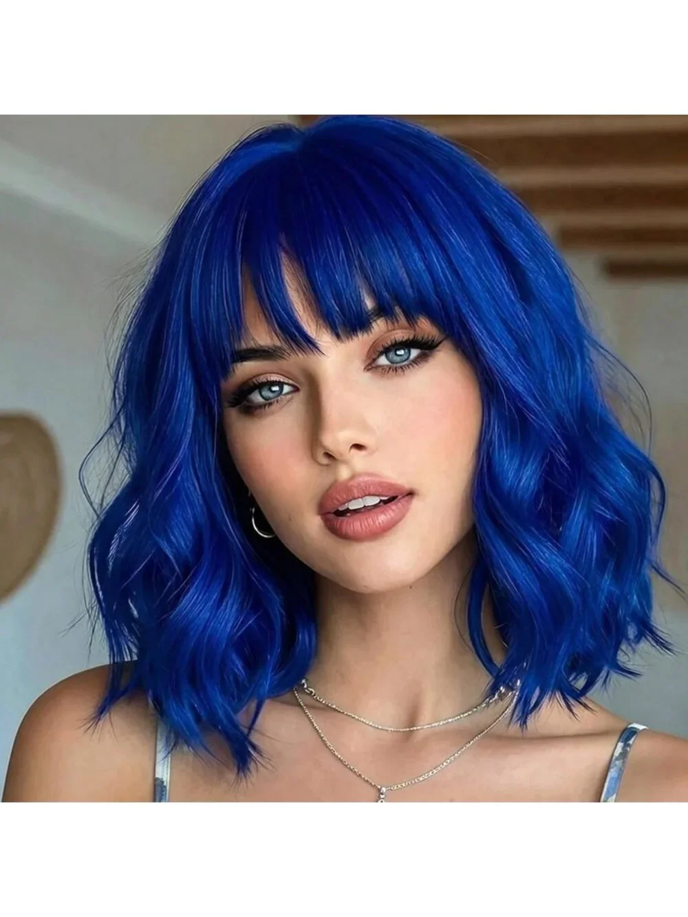 Women's Blue 14 Inch Heat Resistant Short Bangs Bob Modern Wavy Wigs